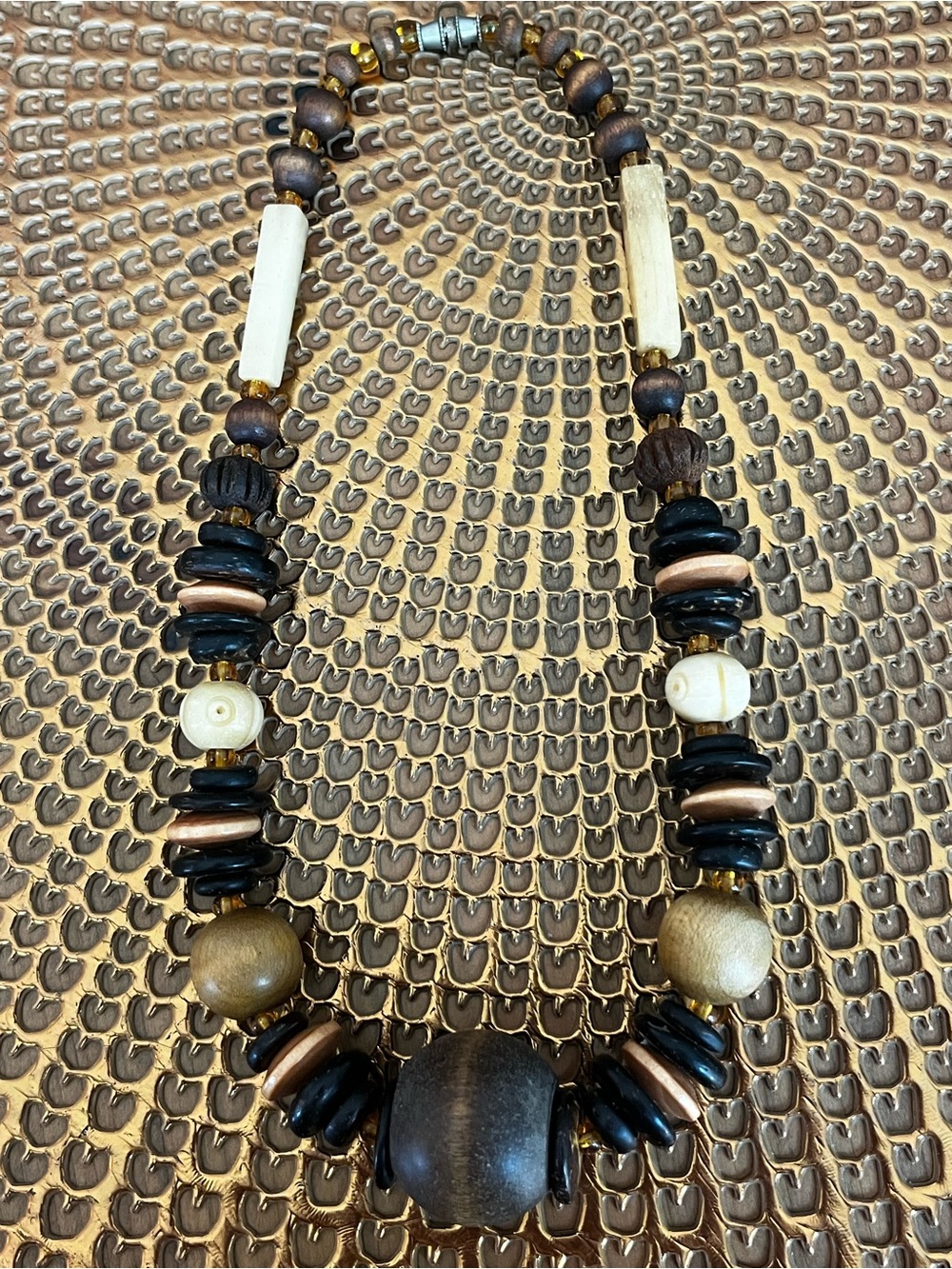 Estate Black, Brown & Cream Wooden Bead Necklace